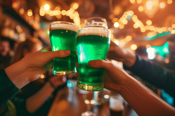 Group of friends drinking green beer at a bar. Toasting with glasses of alcoholic beverage. Celebrating St. Patrick's Day in Ireland. - obrazy, fototapety, plakaty