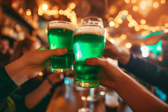 Group of friends drinking green beer at a bar. Toasting with glasses of alcoholic beverage. Celebrating St. Patrick's Day in Ireland.