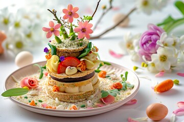 Obraz na płótnie Canvas A beautifully composed image of an elegant Easter brunch setting, featuring a centerpiece sandwich crafted in the shape of a spring bouquet. 