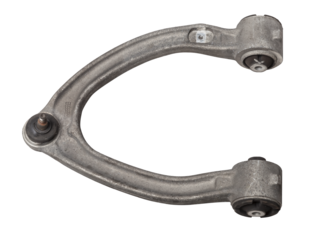 Curved metal chassis arm lever with ball and rubber-metal joint with bushings - silent block on a white isolated background. Detail for suspension repair in a workshop or garage.