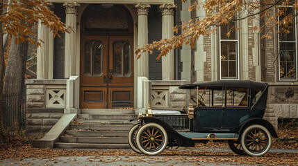 An antique car in front of a historic building evoking a sense of the past.