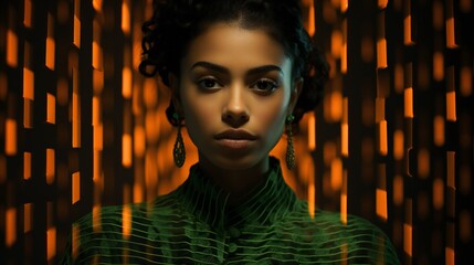 Optical illusion elements on a woman's portrait, creating visual puzzles mirroring the complexity of mental health