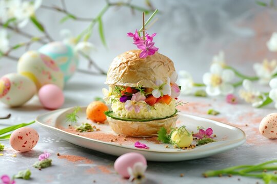 A beautifully composed image of an elegant Easter brunch setting, featuring a centerpiece sandwich crafted in the shape of a spring bouquet. 