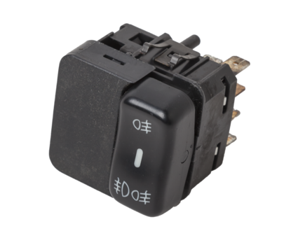 Close-up on the headlight switch control buttons and automatic adjust level dashboard of car in the vehicle repair workshop on white isolated background. Auto service industry