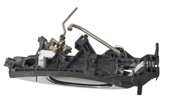 Spare part and body element outer handle of opening a door from a car on a white isolated background. Auto service industry.