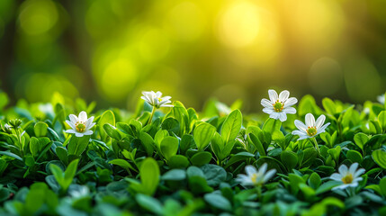 Cute little daisies isolated in vibrant green grass during spring with shallow dept of field...