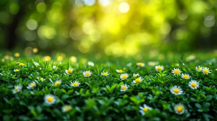 Zelfklevend Fotobehang Cute little daisies isolated in vibrant green grass during spring with shallow dept of field creating beautiful bookah © Mujahid