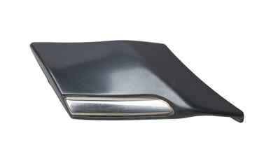 gray  plastic molding with chrome for car side fender - tuning element for sale in a car service on a white isolated background in a photo studio.