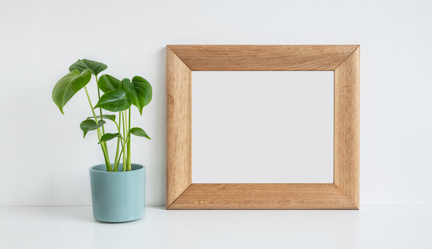 Wooden mock up photo frame and home plants in small pots - pilea, haworthia and echeveria on a light gray background