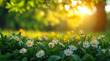 Cute little daisies isolated in vibrant green grass during spring with shallow dept of field creating beautiful bookah - obrazy, fototapety, plakaty