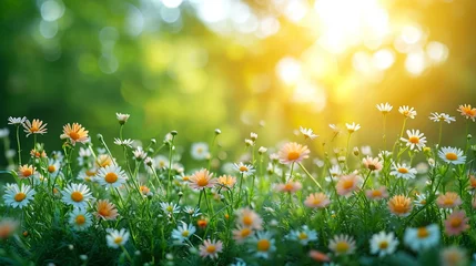 Fototapeten Cute little daisies isolated in vibrant green grass during spring with shallow dept of field creating beautiful bookah © Mujahid