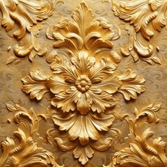 Golden metal floral wall sculpture with intricate details and flourishes