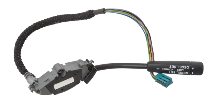 Steering wheel switches for cruise control  disassembled on a white isolated background, spare part for car repair or for sale at junk yard.