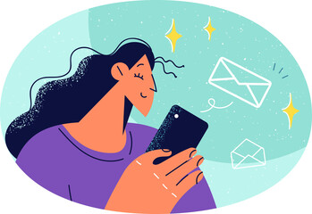 Smiling woman send messages online on cellphone. Happy female user chat on internet on smartphone. Virtual communication on gadget.