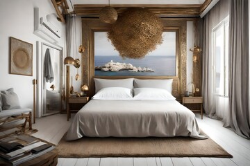 Bedroom in Mykonos, all front wall silver with a canvas in the middle, bronze decoration