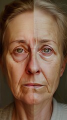 Woman's Face Before and After Aging, Impact of Skincare and Aging on Skin Health - Medical Health Care Concept.