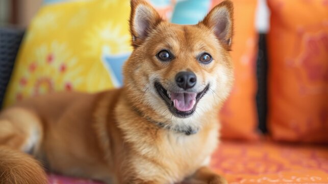 A smiling Shiba Inu dog on a couch with colorful pillows