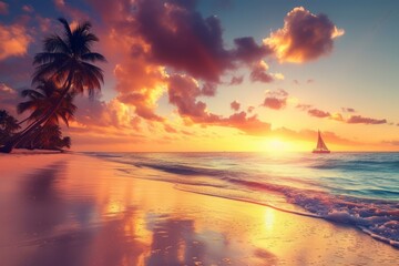 Fototapeta na wymiar Tropical beach at sunset with palm trees and sailboat on calm sea