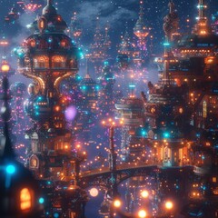 A beautiful painting of a futuristic city with bright lights and flying cars