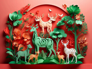 World wildlife day concept deer and other animals paper cut style design on a forest with red and green background