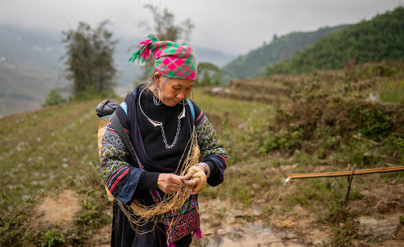 Focused ethnic middle aged woman with fiber thread