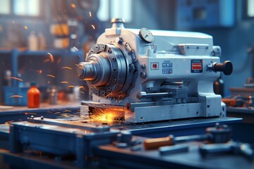 Industrial machinery processes metal with sparks flying - obrazy, fototapety, plakaty