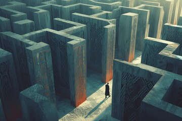 Man walking through a maze trying to find the exit - obrazy, fototapety, plakaty