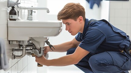 Young plumber fixing a sink in a bathroom