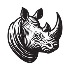 Rhinoceros. head, portrait. Vintage vector engraving illustration. Black and white color. isolated object. Icon, logo, emblem