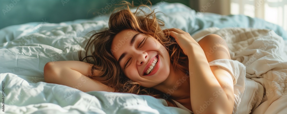 Poster Happy Young Woman Lying on her bed