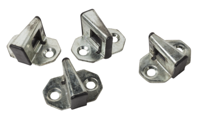 Spare part and body element hinge of a door lock from a car on a white isolated background. Auto service industry.