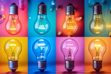 Light bulbs of different colors on a colored background