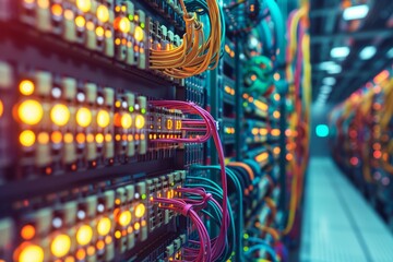 A server room full of colorful cables and blinking lights