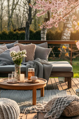 Fototapeta premium Cozy wooden terrace with rustic wooden furniture, soft pillows and blankets. Charming sunny evening in spring garden with blossoming trees.
