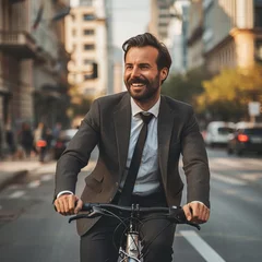 Fototapeten A stylish man in a suit confidently rides his bicycle down a bustling city street, his human face adorned with determination and his clothing exuding a sense of sophisticated street fashion © Dejan