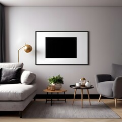 Modern living room with sofa and picture frame attached on the way. Frame mockup, mockup poster on the wall of a living room.