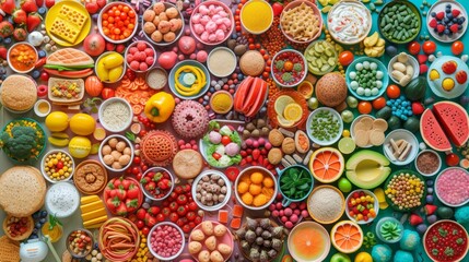 A colorful variety of food items arranged in a grid pattern