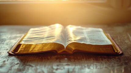 Open bible on a wooden table with a blurred background - obrazy, fototapety, plakaty