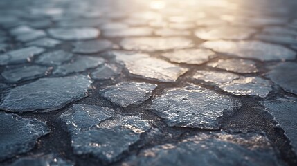 Obrazy na Plexi  wet cobblestone street with sunlight shining on it