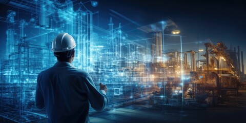 futuristic industry 4.0 technology concept, engineer hold tablet and using augmented reality, digital twin, digital transformation, artificial intelligence, machine learning 5g to control ai robot 