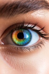 Close-up of a woman's eye with a rainbow-colored iris