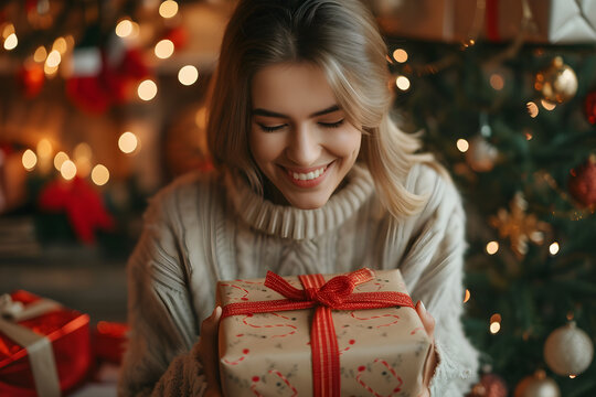 A Cheerful Woman Unwrapping Her Christmas Gift With Excitement And Joy.