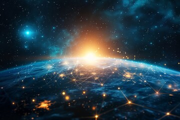 Earth from space showing the lights of cities and a glowing network of connections - obrazy, fototapety, plakaty