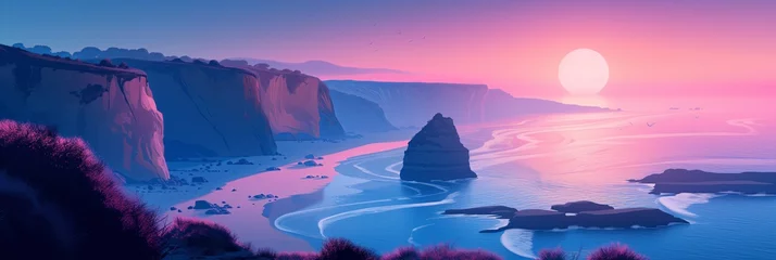 Rolgordijnen Surreal Twilight Cliffs Overlooking Serene Coastal Waters - Ideal for Backgrounds and Digital Art © Rade Kolbas
