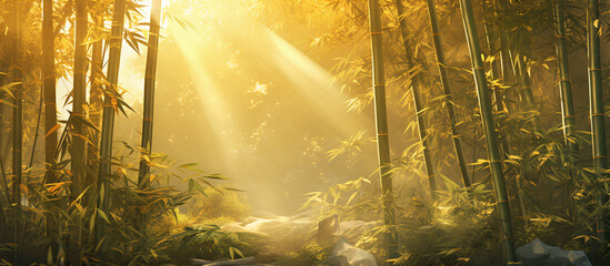 Sun rays piercing through a tranquil bamboo forest, highlighting the green leaves natural background banner.