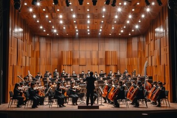A large orchestra is performing on stage with the conductor in front of them - obrazy, fototapety, plakaty