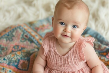 Portrait of a happy baby girl in a pink dress sitting on a blanket