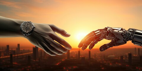 Hands of robot and human touching on sunrise background as a symbol of connection between people and artificial intelligence(AI) technology isolated to make a better life of human. 3D rendering