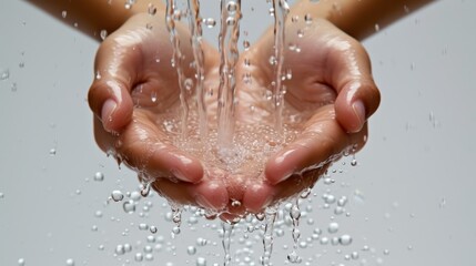 A person's hands holding water with a grey background - obrazy, fototapety, plakaty