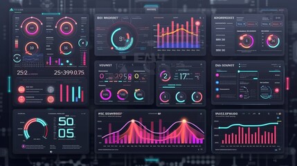 Futuristic dashboard with various graphs and charts displaying real-time data analysis and system performance metrics.